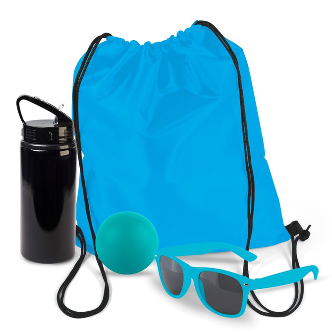 A drink bottle, a vibrant blue drawstring bag, a teal ball, and stylish turquoise sunglasses are displayed together.