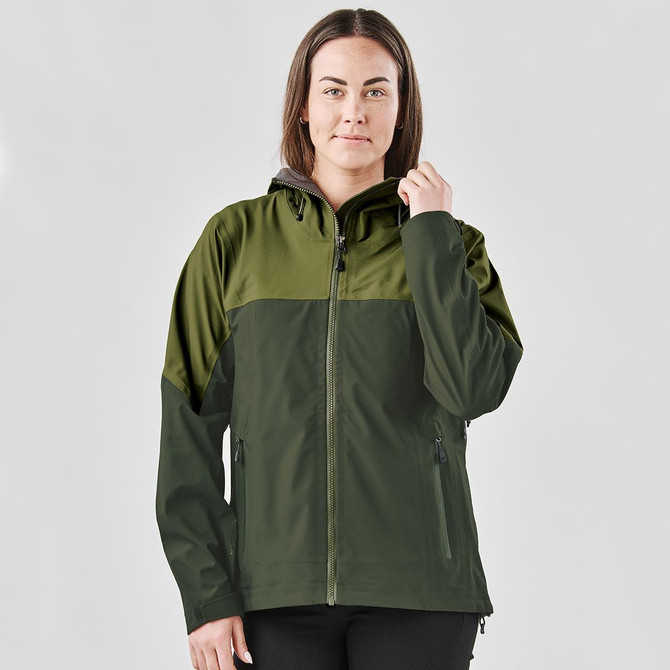 A green women's jacket with a hood and zip, featuring a darker green panel across the chest and branding.