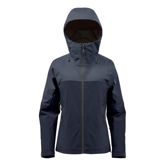A women's jacket in navy blue, featuring a hood, zip closure, and pockets. It has a branded logo.