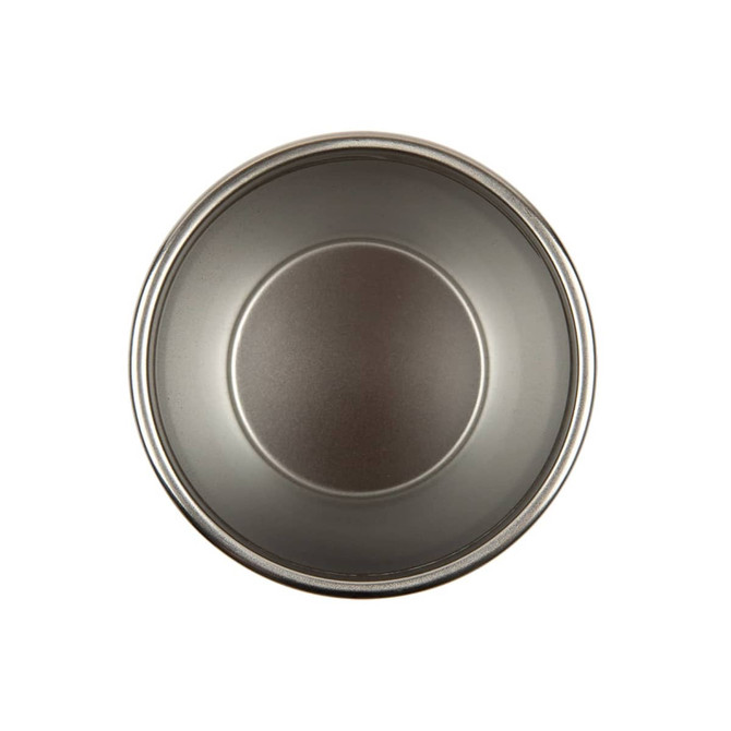 A coffee cup with a double wall design, featuring a metallic grey finish and a circular base.