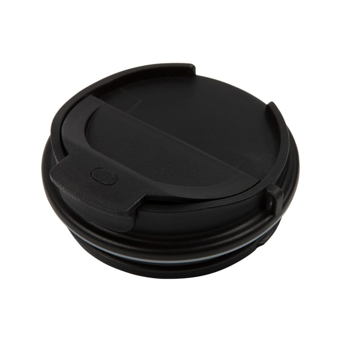 A black coffee cup lid with a sliding opening and sealed edge, designed for a double wall coffee cup.
