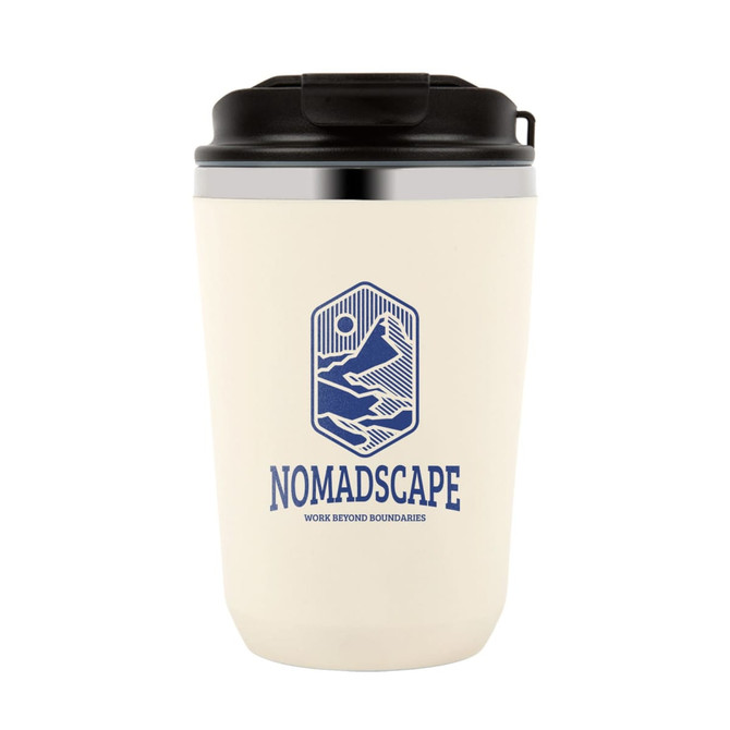 A cream double wall coffee cup with a black lid and a logo featuring mountains and a hand design.