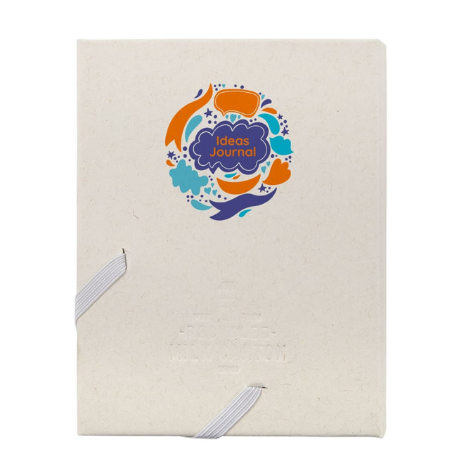 A cream-coloured notebook with a colourful logo on the cover, featuring a binding with white strings.