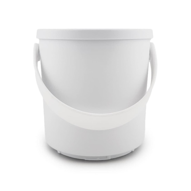 A white plastic bucket with a handle, designed for various storage and transport purposes.