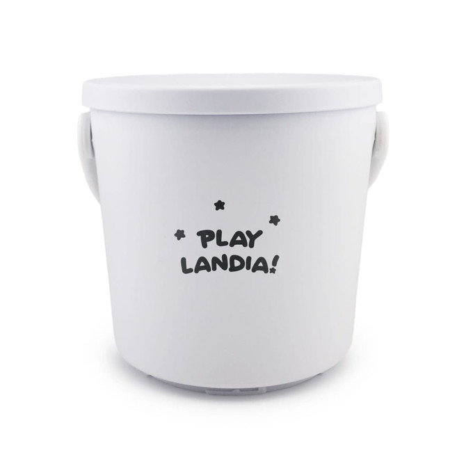 A white bucket with two handles and a logo featuring the text "Play Landia!" and stars.