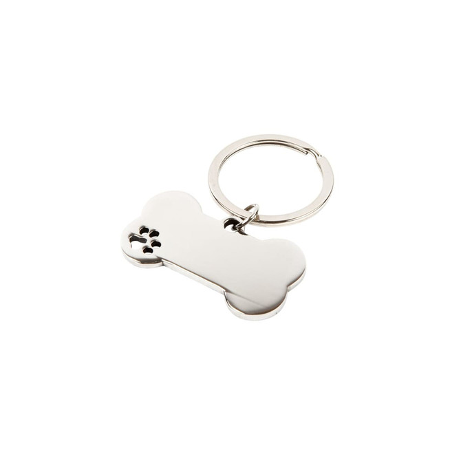 A silver dog bone keytag with a keyring attachment. The tag is shaped like a bone, featuring a pet paw design.