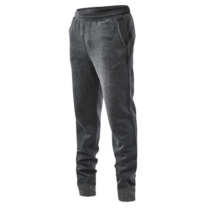 Men's fleece jogger pants in a dark grey colour with pockets and a waistband. Features branding on the fabric.