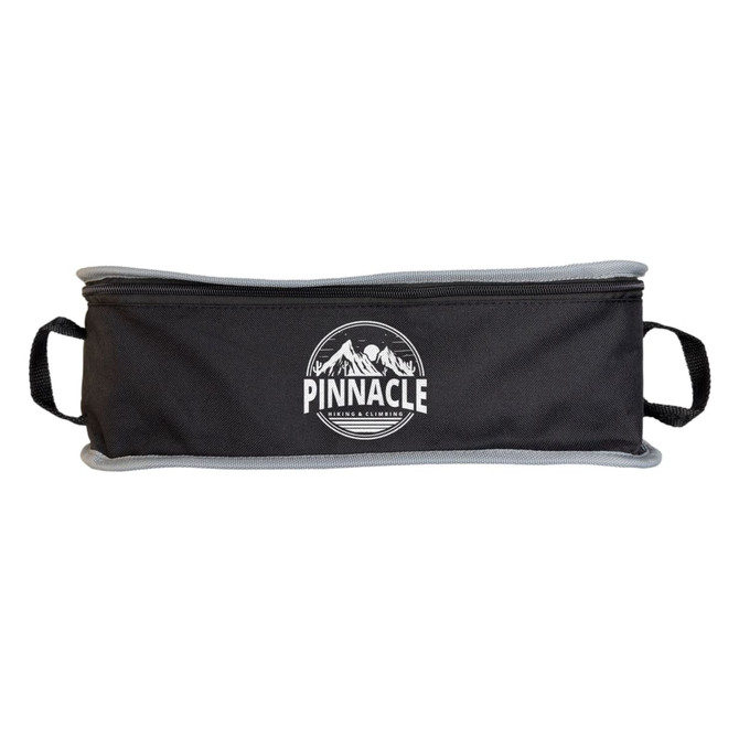A black bag with grey edges featuring a circular logo. It has two handles for easy carrying.