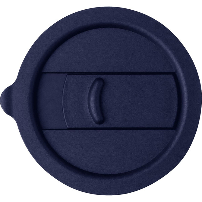 A drink bottle lid in navy blue, made of silicone, featuring a sliding closure mechanism and a smooth surface.