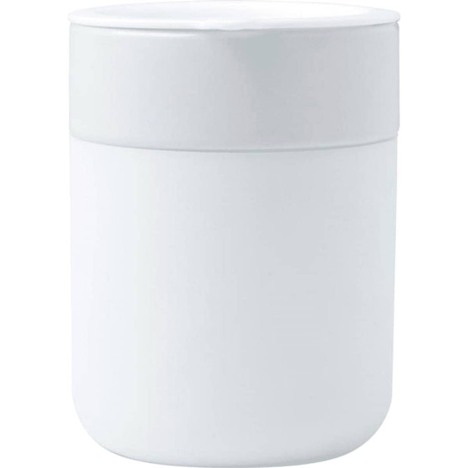 A ceramic tumbler in white with a silicone wrap, featuring a lid and a smooth, glossy finish.