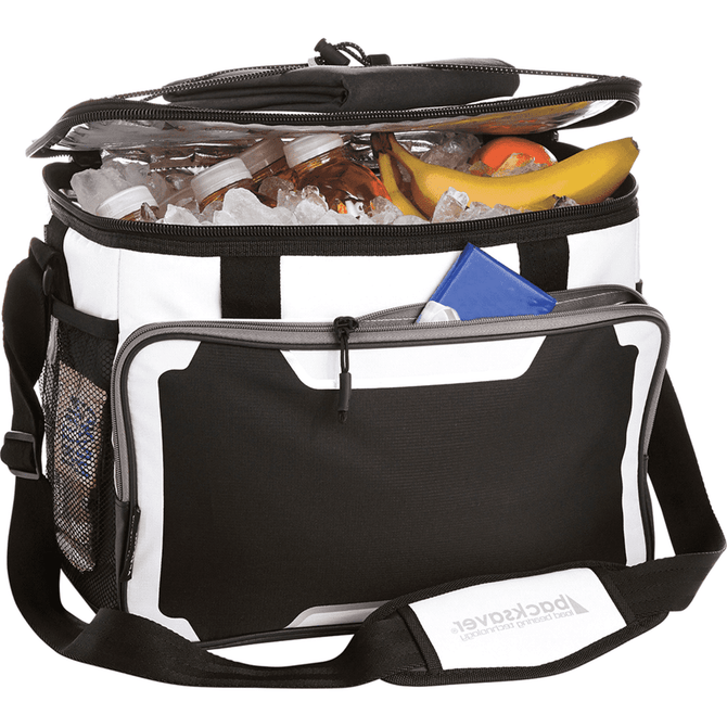 A cooler bag in black and white, filled with drinks and ice, featuring a front pocket and a shoulder strap.