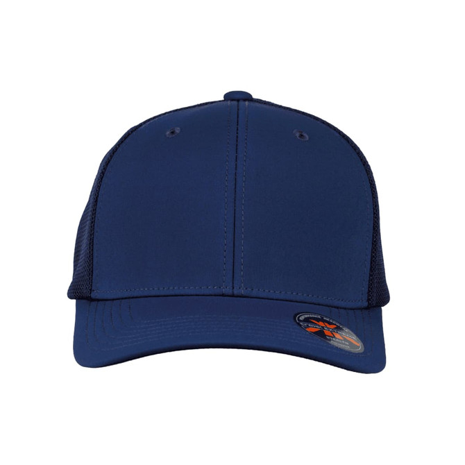 A navy blue cap with a mesh back and a branded logo on the side.