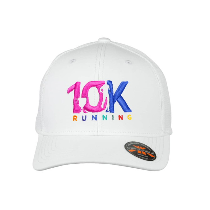 A white cap with a colourful embroidered design featuring "10K RUNNING" and a logo on the side.