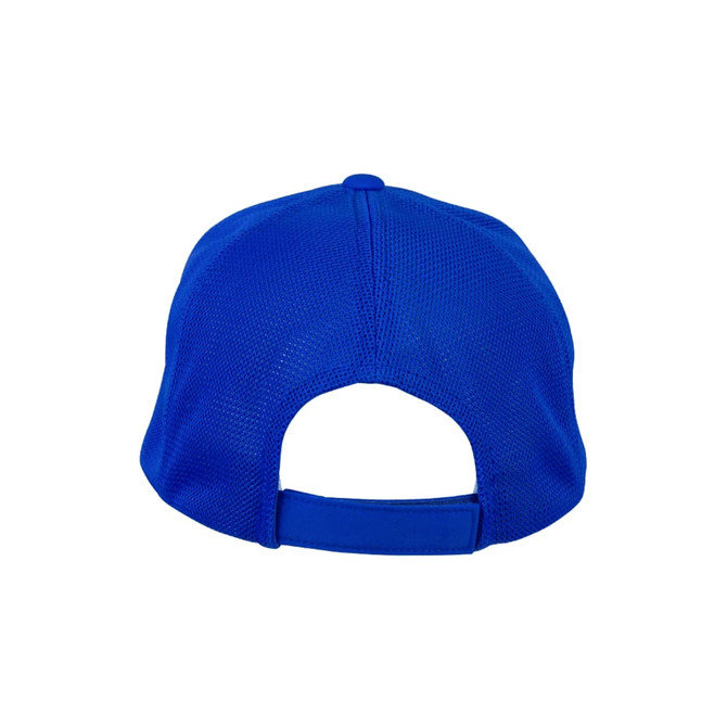 A blue mesh cap with an adjustable strap at the back and a logo on the side.