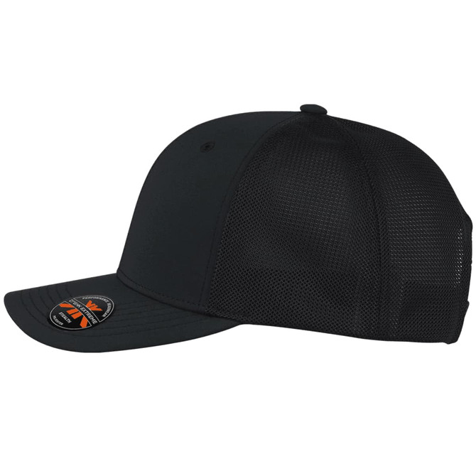 A black cap with mesh panels and a curved peak, featuring a logo on the front.