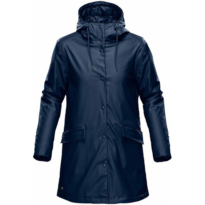 A navy insulated rain jacket for women, featuring a hood, button closure, and front pockets. Includes a logo.