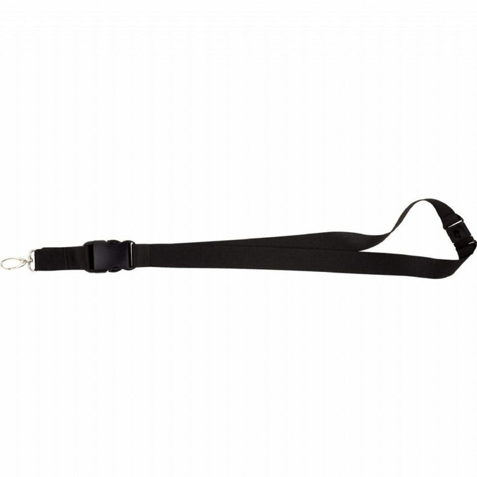 A black lanyard with a clip and adjustable buckle, designed for holding ID cards or other items.
