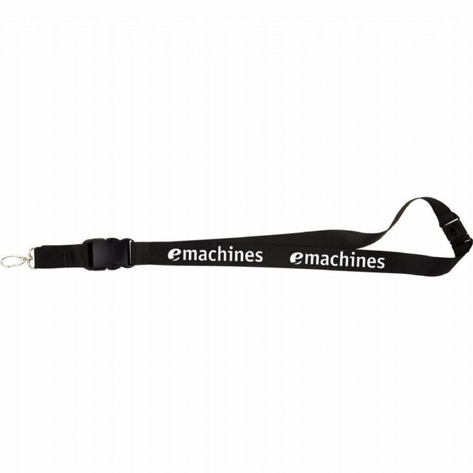 A black lanyard with a clip and a logo, designed for carrying ID cards or badges.