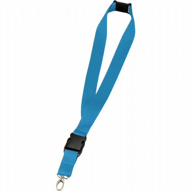 A bright blue lanyard with a clip and a plastic buckle, suitable for holding identification or keys.