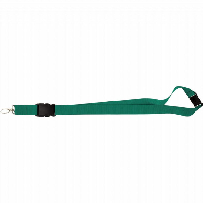 A green lanyard with a clip and buckle, designed for holding items at exhibitions and events.