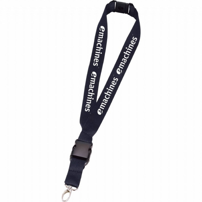 A navy lanyard featuring a clip and a branded logo, designed for holding ID cards or keys.