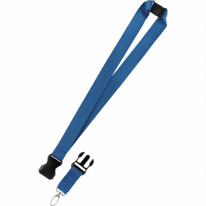 A blue lanyard with a buckle and a clip for attaching items. It features a smooth fabric finish and a branding logo.
