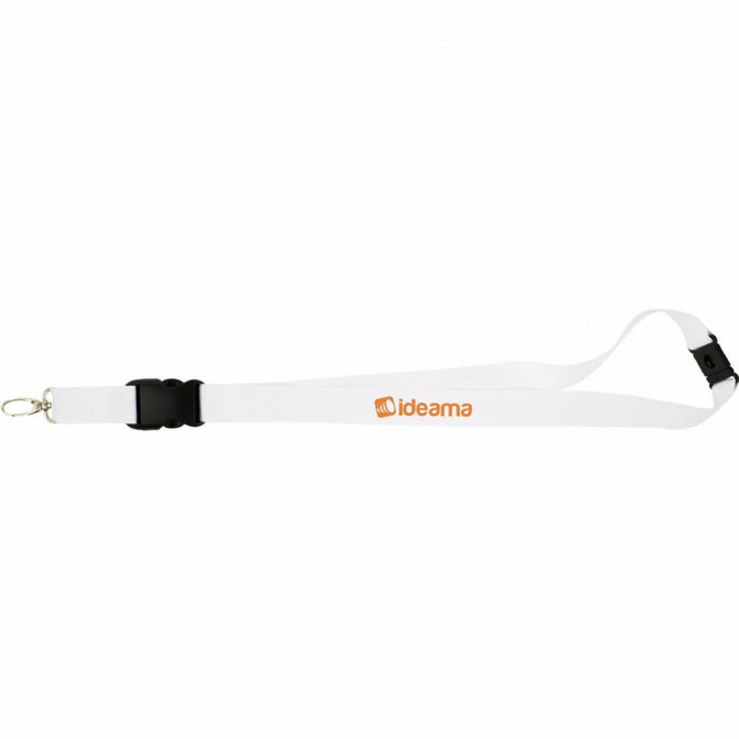 A white lanyard with a clip and a logo, featuring a black buckle for easy adjustment.