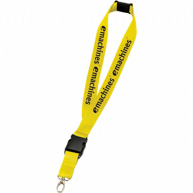 A yellow lanyard with a branded logo and a detachable clip for holding ID cards or badges.