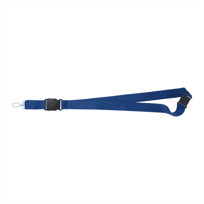 A blue lanyard with a buckle and a clip at the end, featuring a logo.