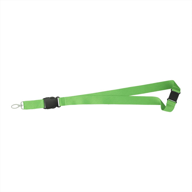 A vibrant green lanyard with a clip and adjustable buckle. It features a logo and is suitable for exhibitions and events.