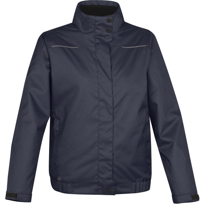 A dark navy blue women's polar HD 3-in-1 jacket with a high collar and button details. It features long sleeves and a branding logo.