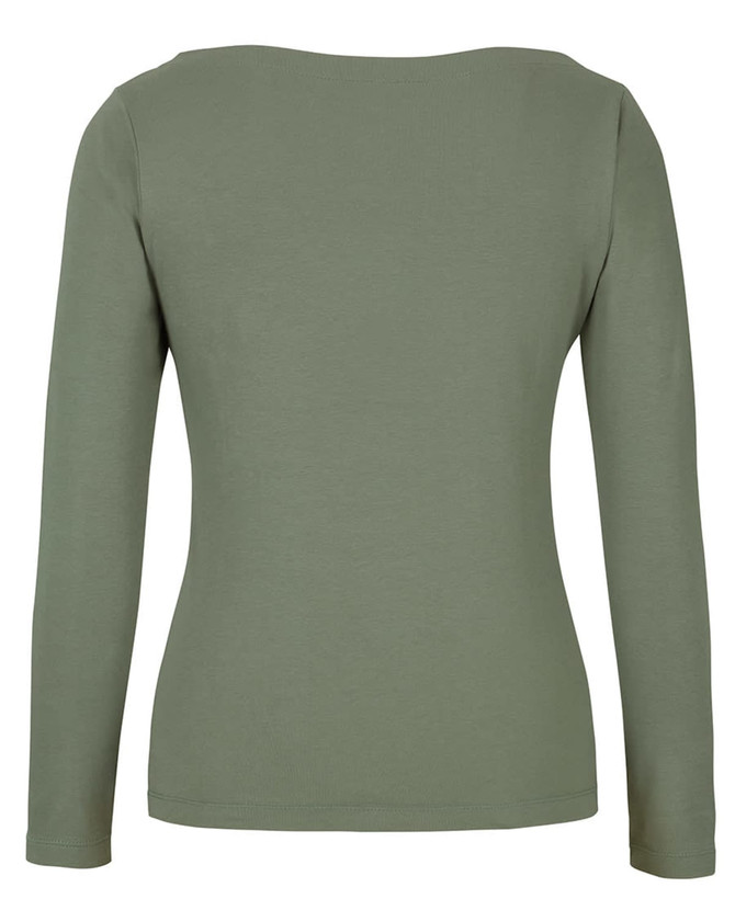 A long-sleeved boat neck tee in olive green, featuring a fitted design and a logo on the back.