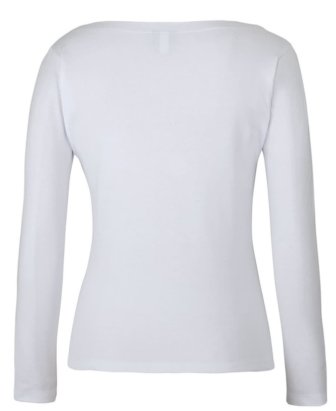 A white long-sleeve boat neck tee with a fitted design and a small logo.