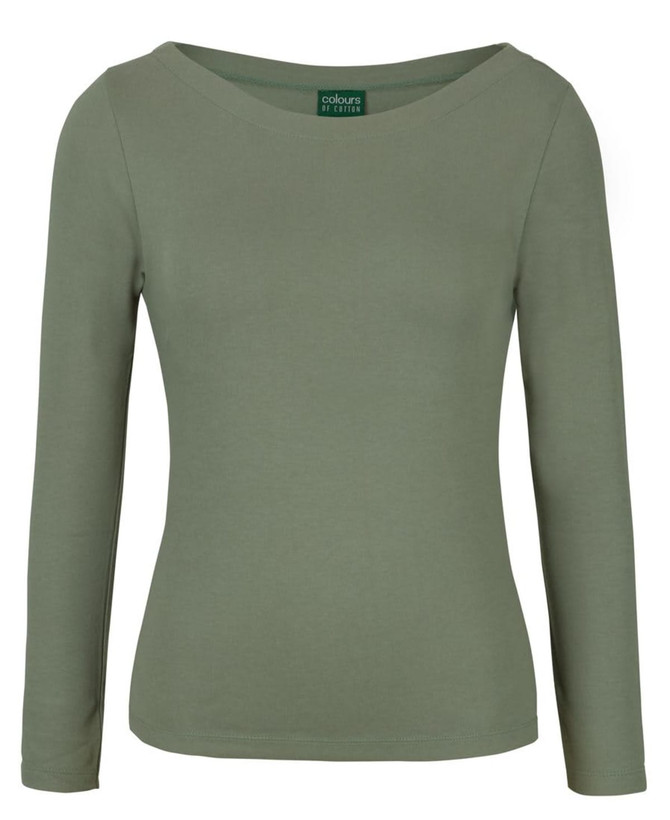 A long-sleeve boat neck tee in olive green, featuring a fitted design and a branding label on the neckline.