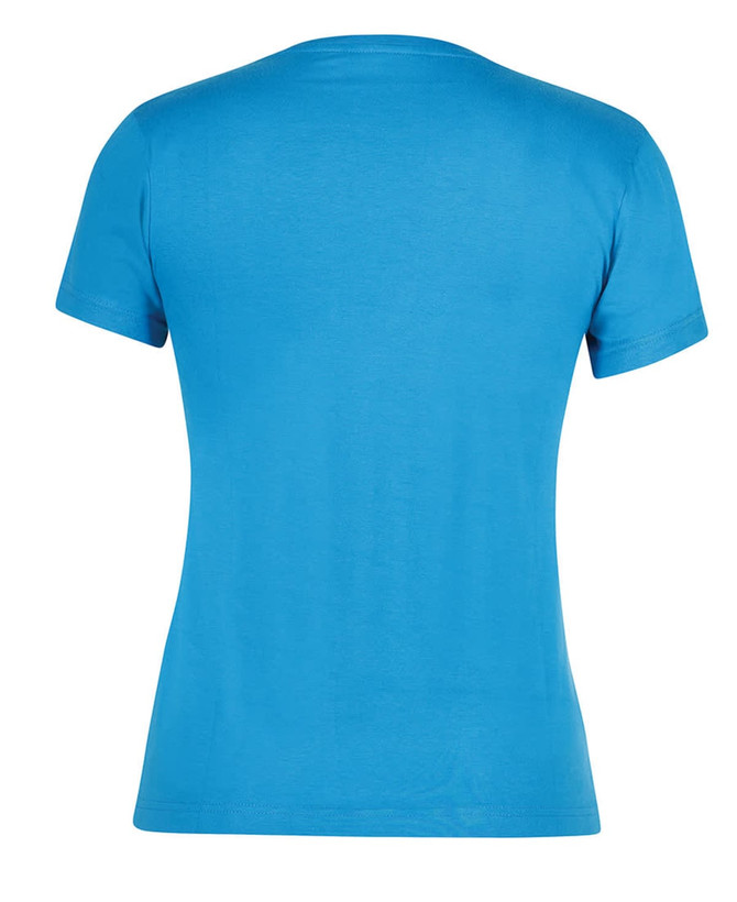 A blue women's t-shirt with a fitted design and short sleeves, featuring a branding logo on the back.