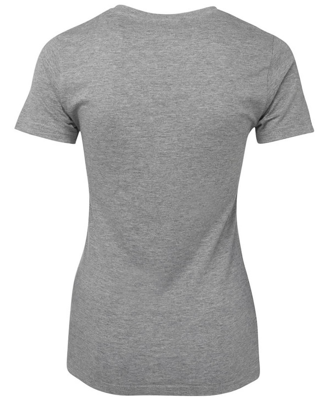 A grey ladies' t-shirt with a fitted shape and short sleeves, featuring a logo.
