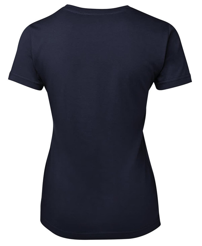A navy blue ladies' tee featuring a round neck and short sleeves. Has a plain back and includes a logo.