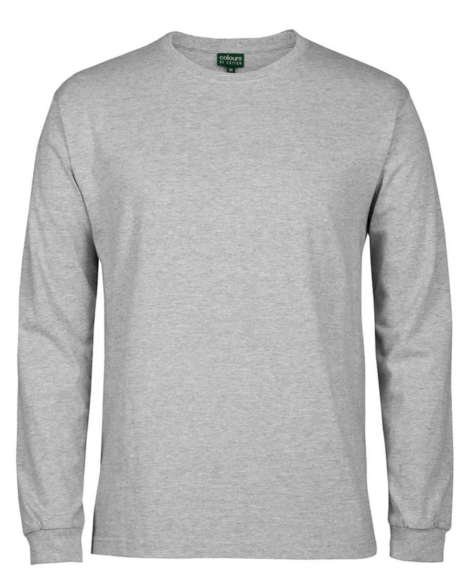 A grey long-sleeved T-shirt with a tag and a logo.