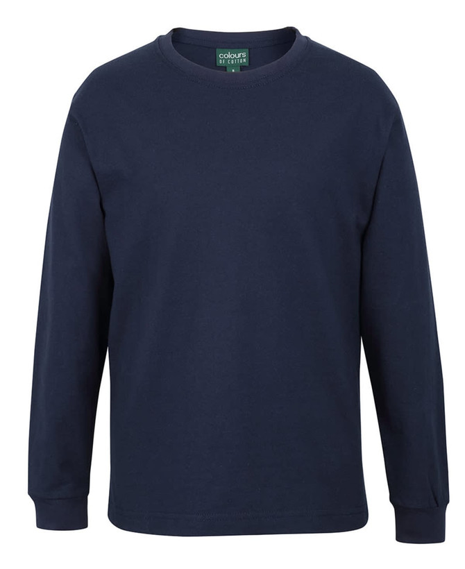 A long-sleeve navy T-shirt with a round neckline and a logo. Suitable for casual wear.