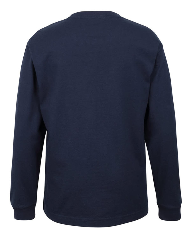 A long-sleeved navy blue T-shirt with a plain back and a branding logo.
