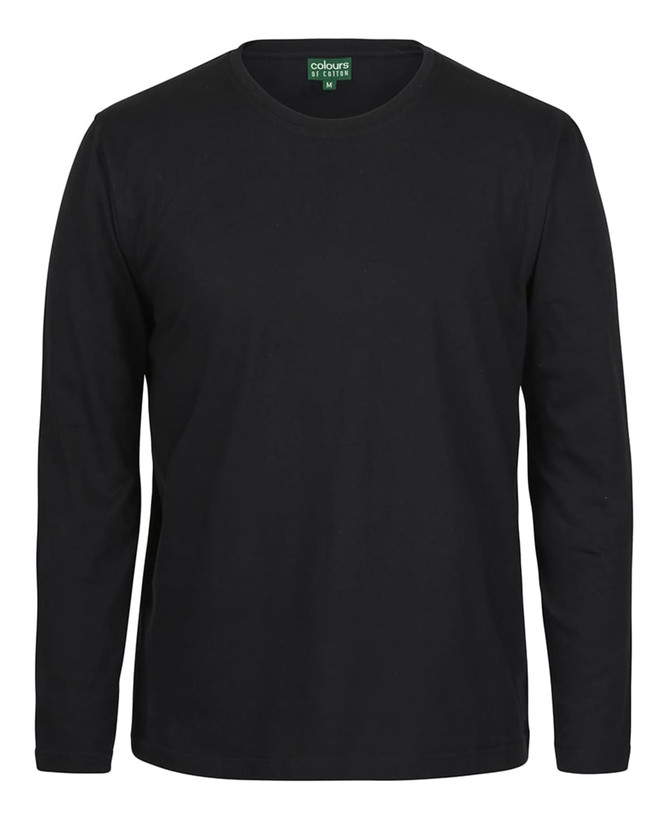 A black long-sleeve T-shirt with a round neck and a tag on the neckline, featuring a logo.