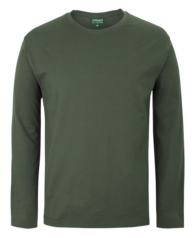 A long-sleeve T-shirt in a solid olive green colour, featuring a brand logo at the neckline.
