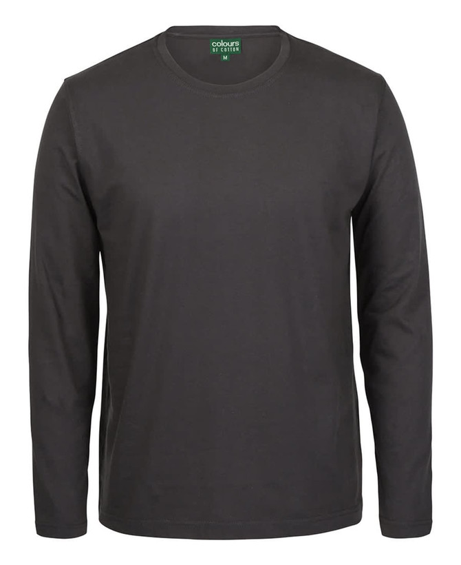 A dark green long-sleeve T-shirt featuring a round neckline and a branded label inside.