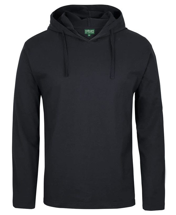 A long-sleeve hooded tee in black, featuring a front pocket and a hood design. It includes a logo label inside.