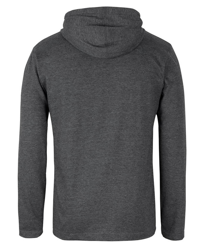 A grey long-sleeved hooded tee, featuring a hood and a plain back design. It includes a logo.
