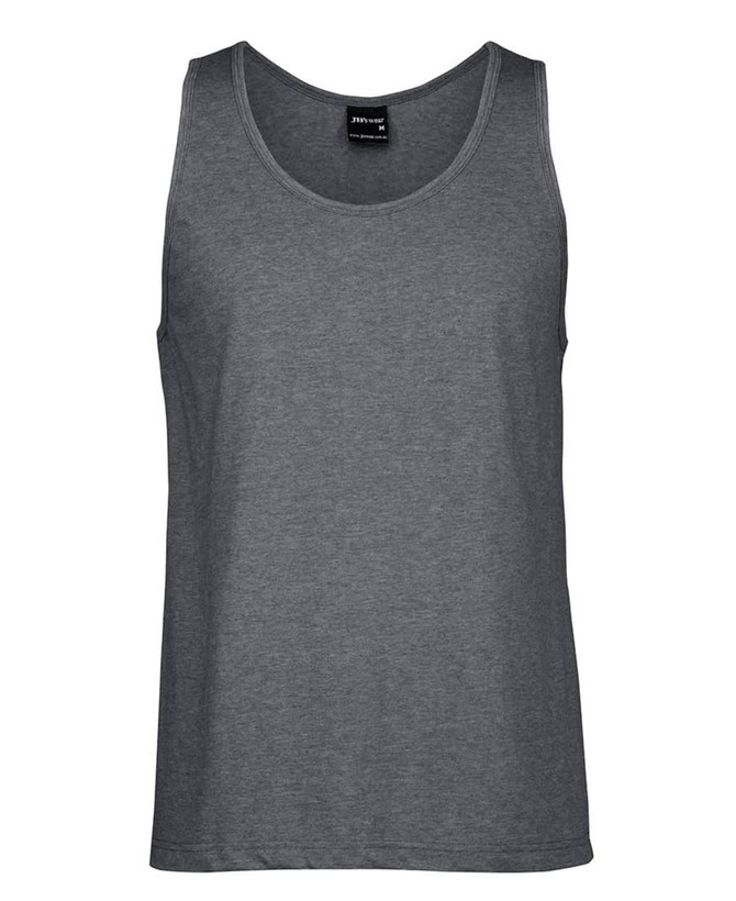 A grey singlet with a round neckline and a branding label at the neck.