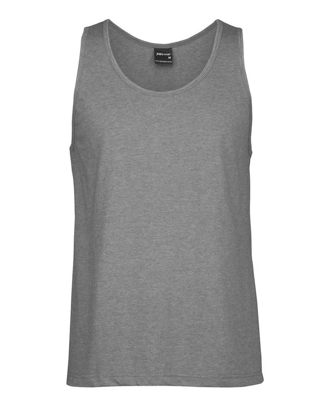 A grey singlet with a round neckline and a logo, made from a lightweight fabric.
