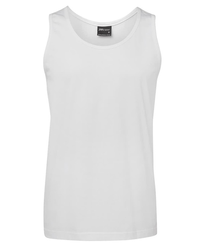A plain white singlet featuring a round neckline, with a subtle branding label on the inside.