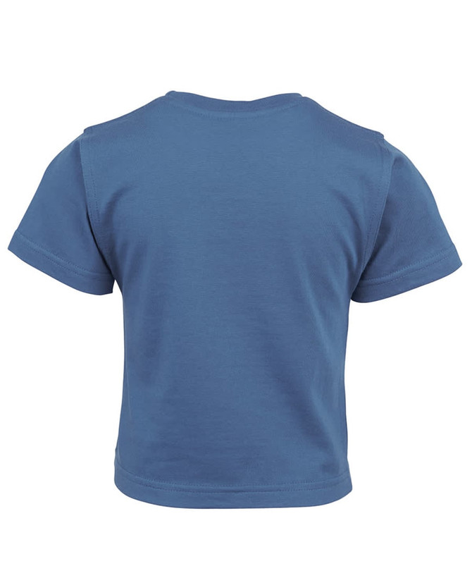 A blue infant tee with short sleeves and a plain design. The back features a logo.