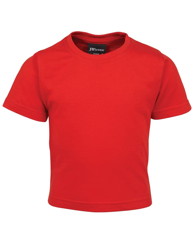 A red infant tee made of soft fabric featuring a round neckline and short sleeves, with a small logo tag.